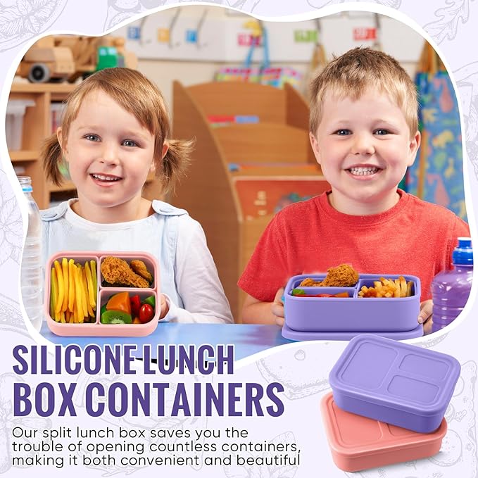 Baderke 2 Pcs Silicone Bento Box for Kids Lunch Box with 3 Compartments Leak proof lunch Container for Children Toddlers for Microwave, Freezer and Dishwasher(Light Purple, Light Pink)