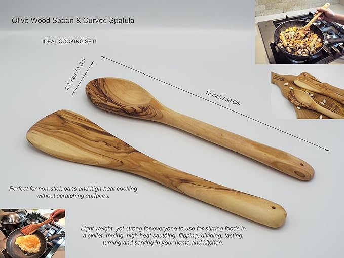Olive Wood Spoon & Curved Spatula (12 Inch Set of 2 Pieces), Wooden Utensils, Turner/Spatula/Spoon for Every Day Cooking, From Bethlehem