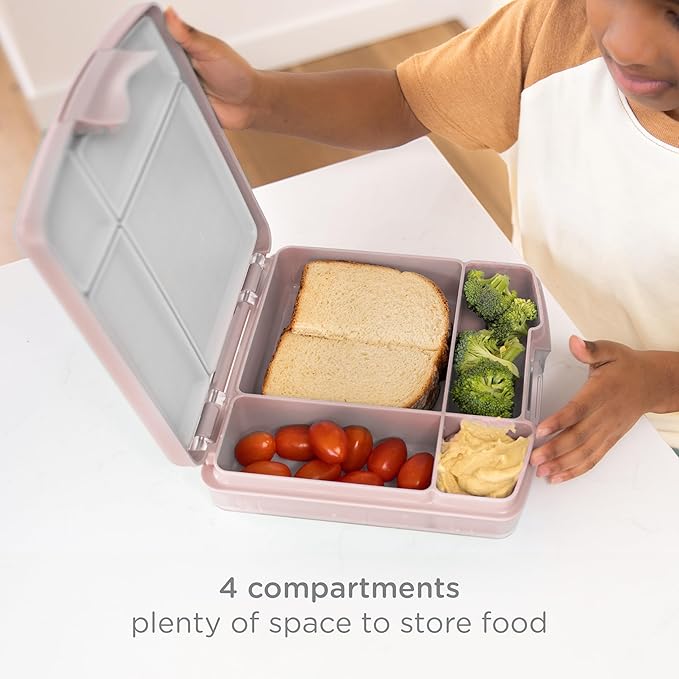 Ubbi Bento Lunch Box for Kids with 4 Compartments, BPA-Free, Leakproof, Dishwasher Safe, Food-Safe Material, Portion-Controlled Lunch Container, Kids Summer Camp, Blush Pink