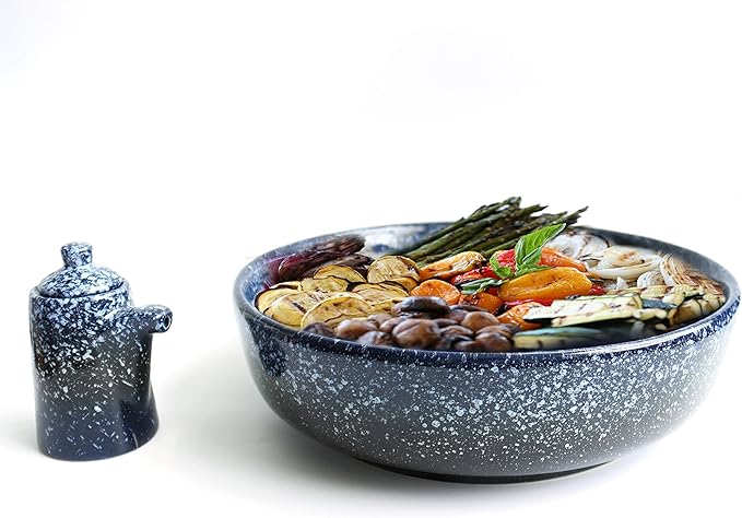 Extra Large Salad Serving Bowl, 11 inch. Big Ceramic Navy Dark Blue Pasta bowl Plus Oil Bottle. 95 oz. Beautiful And Elegant Huge Design. Giant Mixing and Fruit Bowls