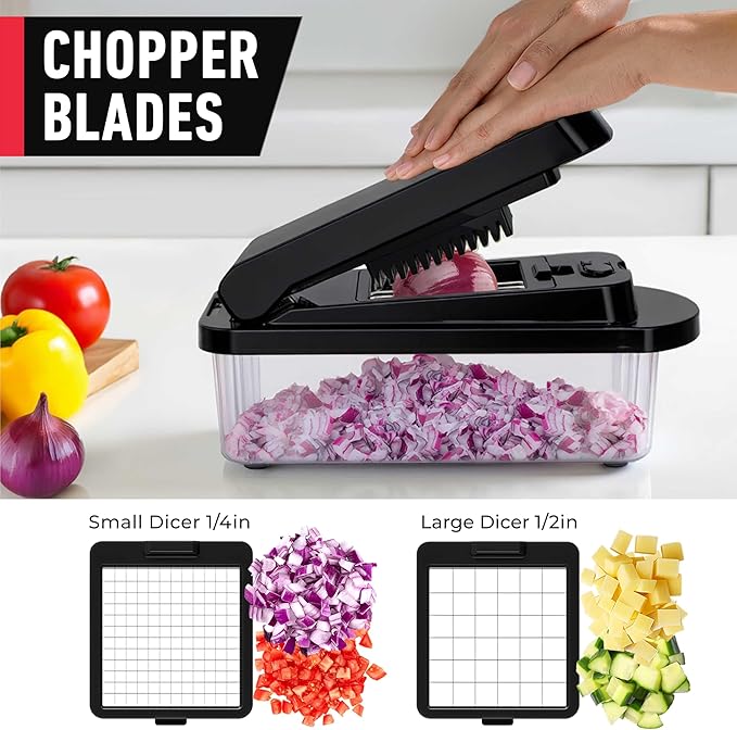 Mueller Pro-Series 10-in-1, 8 Blade Vegetable Chopper, Mandoline Slicer, Onion Mincer, Cutter, Dicer, Veggie Chopper with Container, Kitchen Essentials & Gadgets, House Warming Gifts New Home, Black