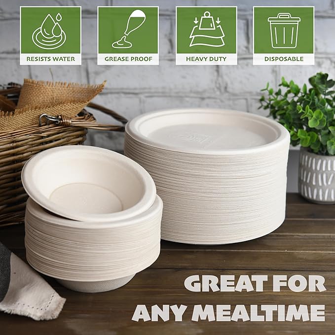 125 pack |12 oz Heavy Duty Paper Bowls | 100% Compostable Paper Plate | Disposable Biodegradable | Natural Brown, Round | Large Dinner Plate