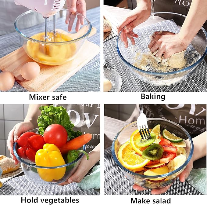 Glass Mixing Bowl Set of 3 for Kitchen, Baking, Prepping, Serving, Cooking 1.1QT, 2.5QT, 4.2QT Large Salad Bowl Set, High Brosilicate Bowl Set, Stackable, Non-toxic, Microwavable, Great Gift