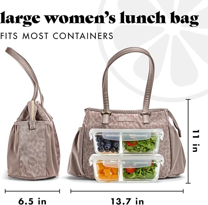 Fit & Fresh Lunch Bag For Women, Insulated Womens Lunch Bag For Work, Stain-Resistant, Lightweight, Large Lunch Box For Women With Lunch Container, Zipper, Copley Lunch Kit, Mocha Feline Fine