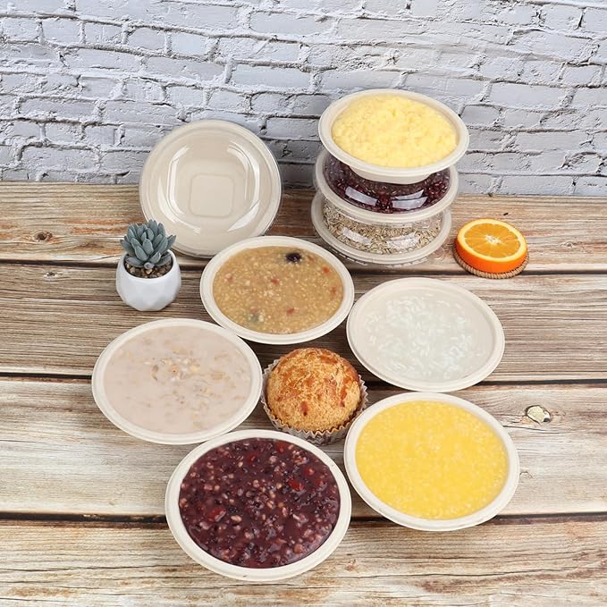 12 oz Round Disposable salad bowls with lids, Sugarcane Fiber Paper Bowls take away food containers Plant Fibers Freezer Safe 50 Pack