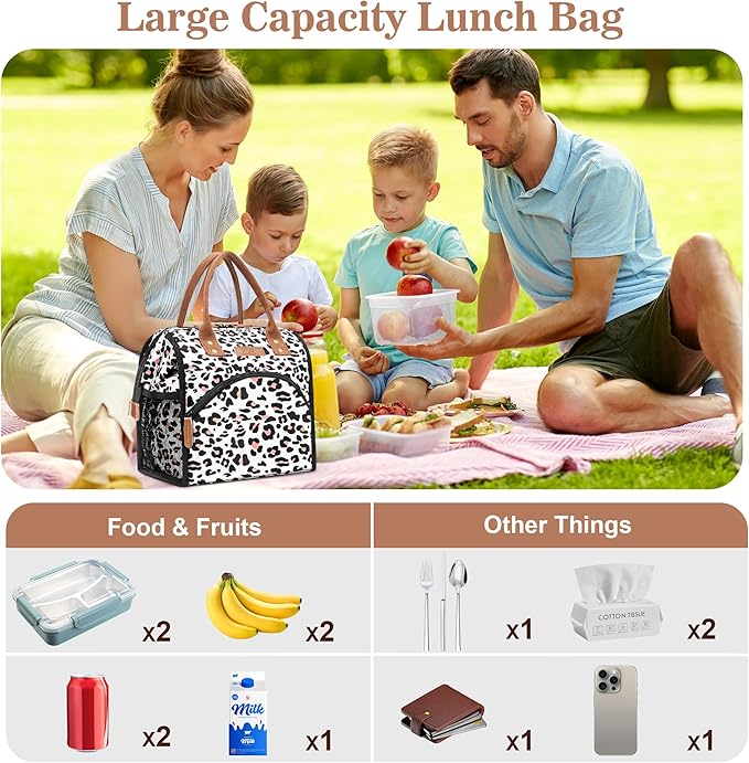 LOKASS Lunch Bag Women Insulated Lunch Box Wide-Open Lunch Tote Bag Large Cooler Bag for Work Picnic Hiking Beach Fishing(Leopard)