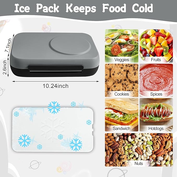 Bento Box for Kids,Kids Bento Lunch Box with Built-in Ice Pack for School,3 Compartments Leak Proof Lunch Container with Utensils for Girl Boy;BPA Free,Microwave & Dishwasher Safe, 44oz(Gray)