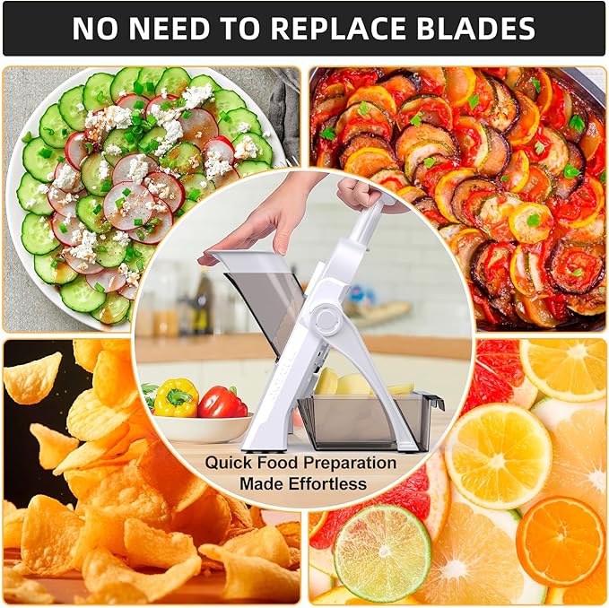 Safe Mandoline Slicer for Kitchen, Adjustable Thickness 0.1-8 mm, Professional Vegetable Slicer, Potato Slicer, Food Chopper French Fry Cutte, Mandolin, Slicer Vegetable Cutter (just Slice, White)