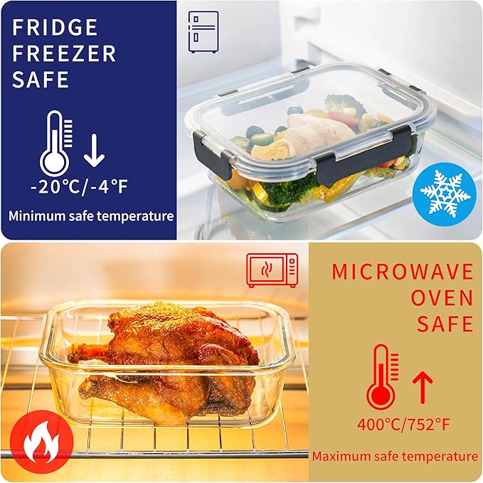 MFY 12-Pack Glass Storage Containers with Lids, Glass Meal Prep Containers Set, Airtight Lunch Containers with Lids, Microwave, Oven, Freezer and Dishwasher Safe, White