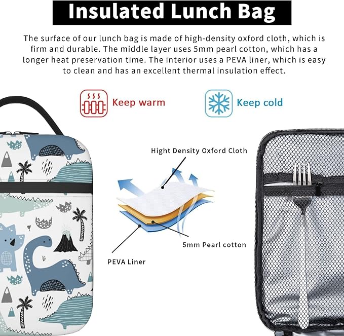 YETTA YANG Cute Dino Dinosaur Portable Lunch Bag Insulated Lunch Box Reusable Totes For Women Men Work Picnic Camping