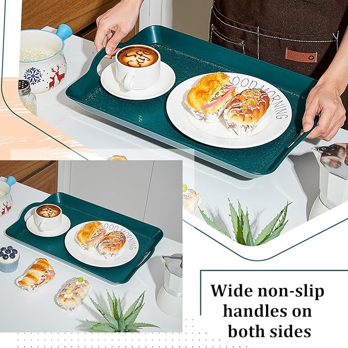 6 Pcs Serving Trays with Handles Trays for Eating 16 x 11 Inch Multi Purpose Plastic Tray Rectangular Anti Skid Decorative Food Tray for Restaurant Breakfast Countertop Party Kitchen (Green)