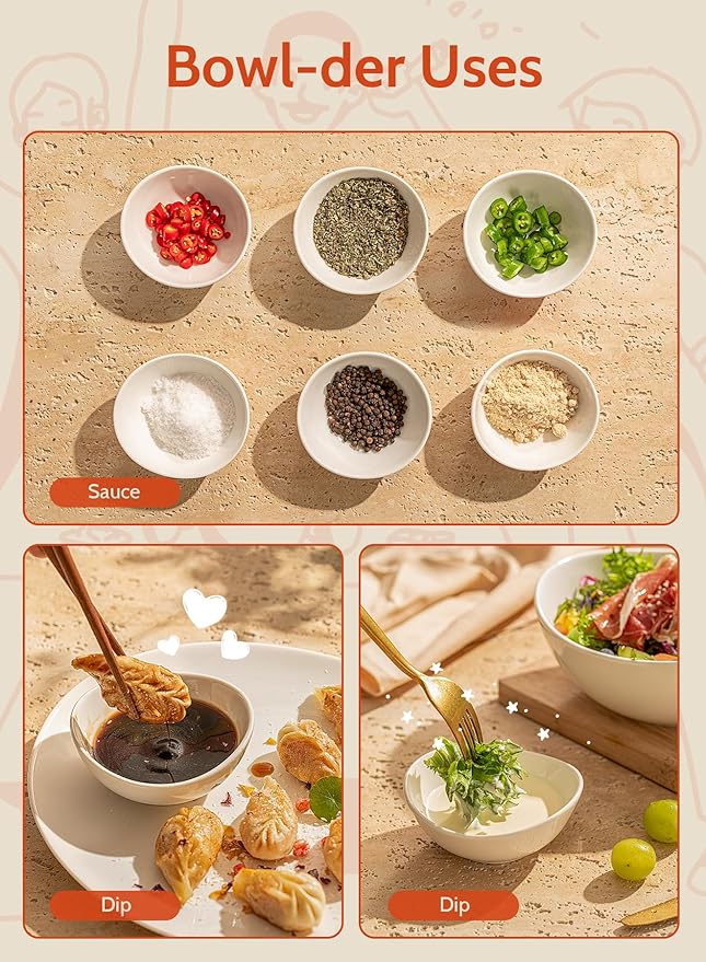Sweese 4 Inch Porcelain Small 4 oz Bowls for Sauce | Charcuterie | Dipping | Snack | Condiment | Side Dishes Set of 6 - Microwave, Dishwasher and Oven Safe - White