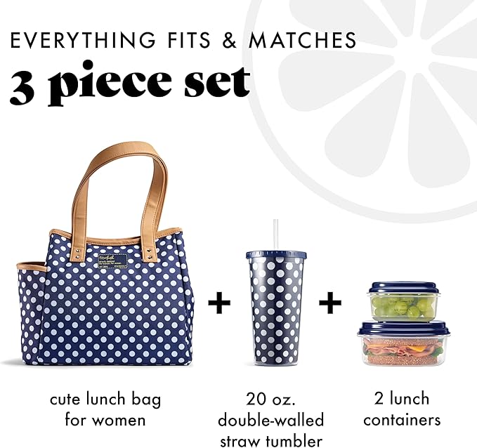 Fit & Fresh Lunch Bag For Women, Insulated Womens Lunch Bag For Work, Leakproof & Stain-Resistant Large Lunch Box For Women With Containers and Matching Tumbler, Zipper, Westerly Lunch Bag, Navy Dot
