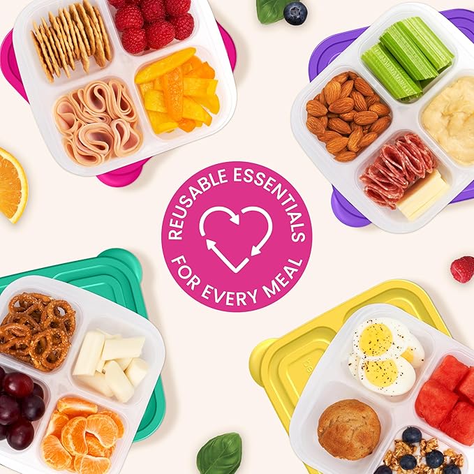 Bentgo Easyboxes 4-Compartment Snack Containers - 8-Piece Set with 4 Trays & 4 Custom-Fit Lids to Seal in Freshness - Reusable Food Storage & Meal Prep Bento BPA-Free Containers (Brights)