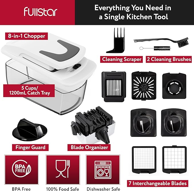 Fullstar Vegetable Chopper and Spiralizer - Food Chopper with Container, Fruit Slicer, Kitchen Gadgets & Accessories, Home Essentials (8 in 1, White)