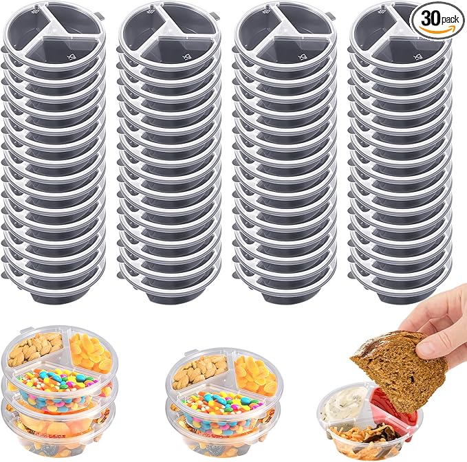 30 Pcs 3 Compartment Condiment Containers with Lids Disposable Sauce Cups 5 oz Small Plastic Snack Containers Portion Cups for Salsa Dips Dressing