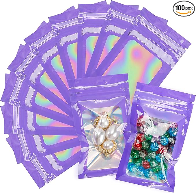 100 Pack Purple Holographic Bags Smell Proof Packaging Bags with Window for Food Storage and Small Business(2.4×4Inch)