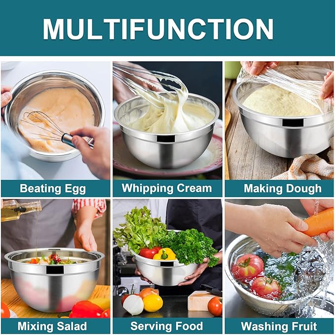 TeamFar Mixing Bowl Set of 7, Stainless Steel Metal Nesting Salad Bowls with Lids, 7, 4.5, 3, 2.5, 1.5, 1.2, 0.7 QT Fit for Mixing, Healthy & Sturdy, Airtight Lid & Easy Clean, Blue