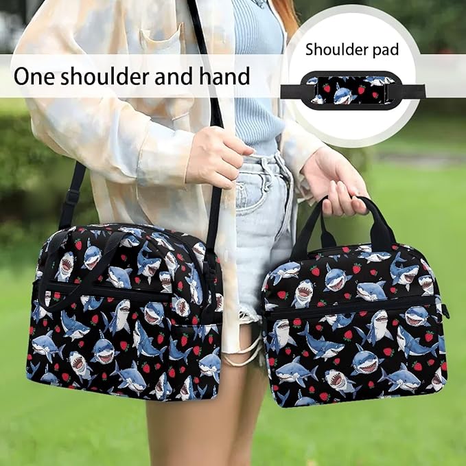 Showudesigns Strawberry Shark Lunch Bag for Women Lunch Box Containers Reusable Lunch Tote Bags for Girls Kids Food Cooler Bag With Front Zipper Pockets Thermal Meal Tote Kit Blue