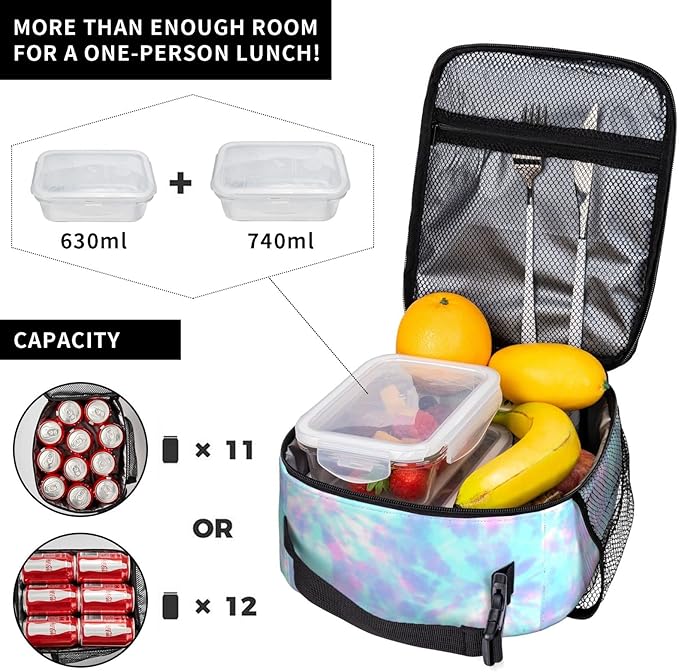 YETTA YANG Pink Tie Dye Purple Colorful Portable Lunch Bag Insulated Lunch Box Reusable Totes For Women Men Work Picnic Camping
