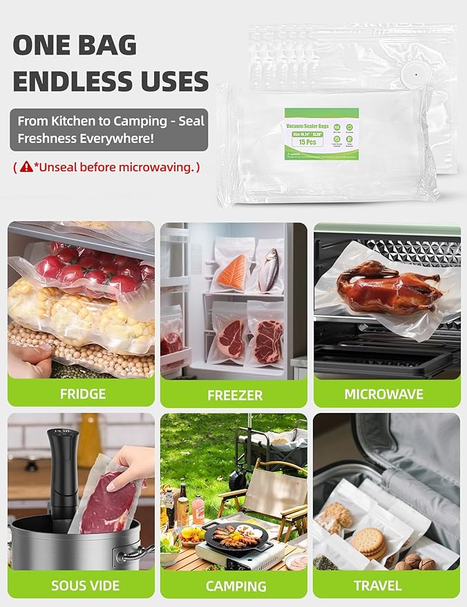 Vacuum Sealer Bags, Reusable Vacuum Zipper Bag, BPA Free Heavy Duty Vacuum Storage Bag for Food, Large Size 15 Bags