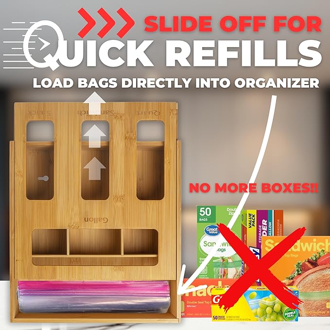 Storage Bag Organizer Kitchen Drawer, Plastic Bag Organizer, Baggie Organizer for Drawer, Sandwich Bag Organizer 4 Slots, Baggie Holder with Lid for Quick Refill of Gallon Quart Snack Sandwich Bags