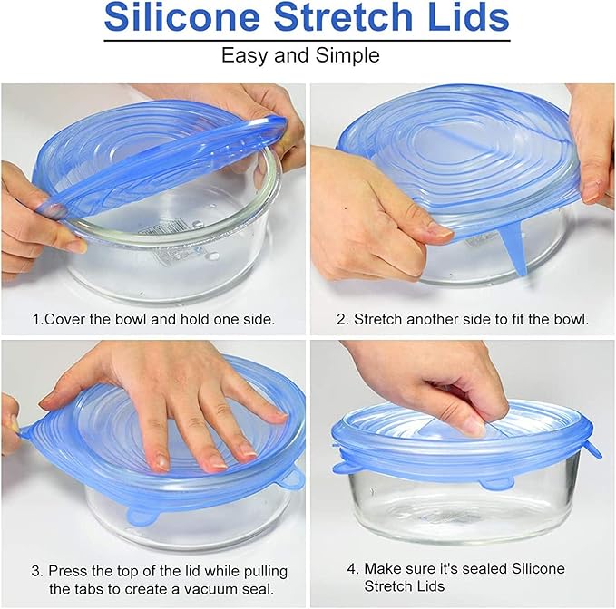 Flexible Silicone Stretch Lids Round Reusable Food Covers For Bowl Cup Dish Silicone Food Wrap Food Grade 6pcs (Blue)
