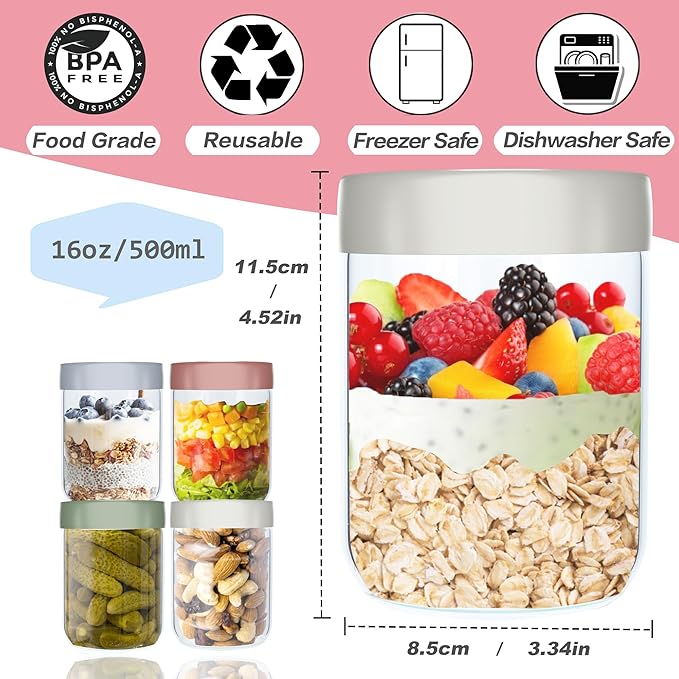 4 Pack 16Oz Glass Jars with Lids, Overnight Oats Containers with Lids, Wide Mouth Mason Jar Airtight Glass Food Storage Containers for Snacks Salad Fruit Yogurt Cereal Meal Prep Leak-Proof