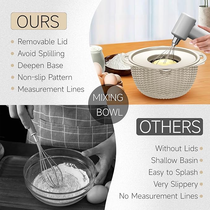 4-1 Colander with Bowl Set - Rotatable Colander Bowl with Measuring Spoons - Fruit Strainer Bowl, Food Strainers and Colanders Funny Presents for Women, Aesthetic Kitchen Gadget Essentials - Beige