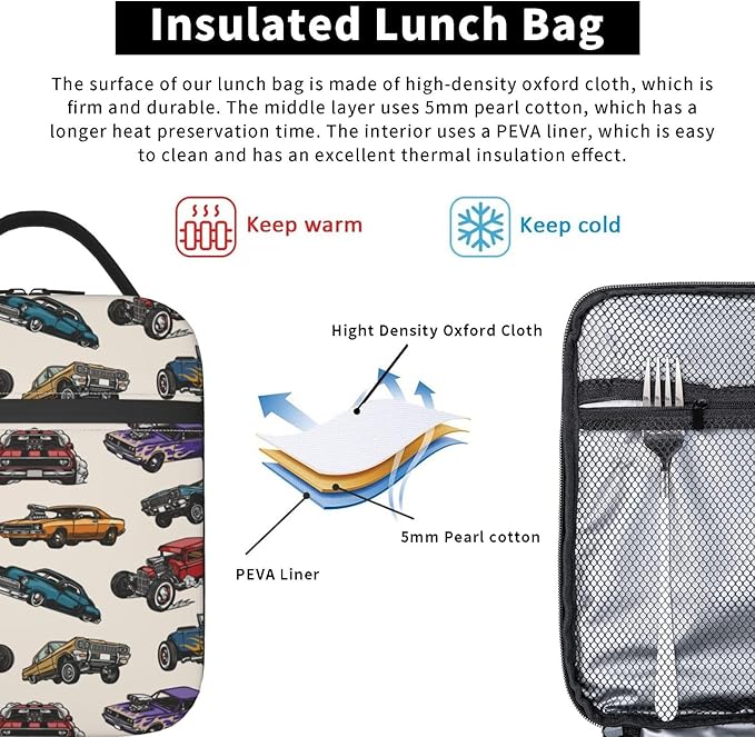 Insulated Lunch Box for Toddler Boys Kids Cars Lunch Box for Work,Picnic,School,Travel,Hiking,Beach or Fishing Polyester Cars Vintage Colorful Theme Lunch Bag