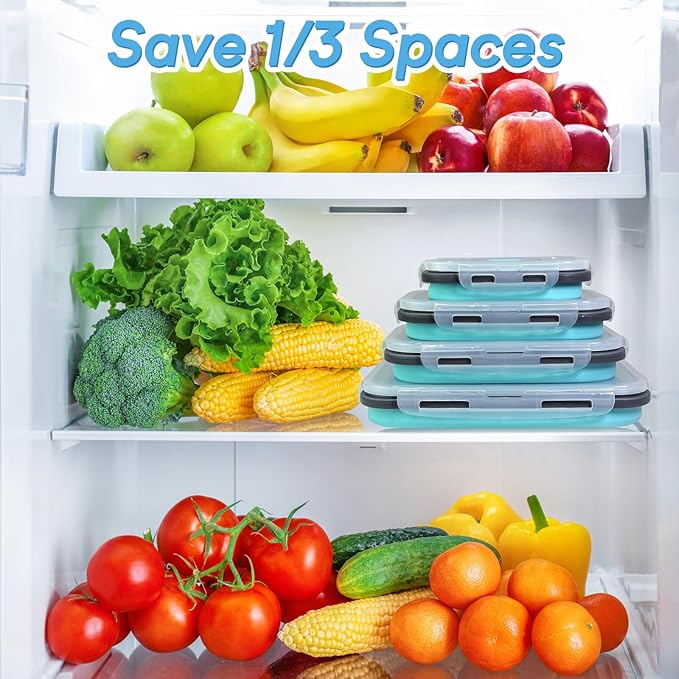 Guyuyii 4 Pack Collapsible Food Storage Containers – Silicone Leakproof Lids, Space-Saving for Home Kitchen Use, RV Accessories, Camping, Travel and Mobility – Microwave, Dishwasher, Freezer Safe