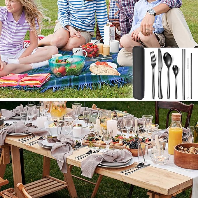 AARAINBOW 6 Pieces Stainless Steel Flatware Set Portable Reusable Cutlery Set Travel Utensils Set Including Chopsticks Knife Fork Spoon Straws Cleaning Brush Dishwasher Safe (7 Black)
