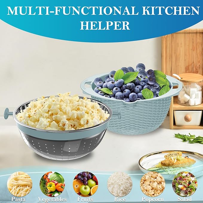 4 in 1 Colander with Mixing Bowl Set, Colander for Kitchen, Strainers and Colanders, Pasta Strainer, Rice Washer, Fruit Cleaner, Veggie Wash, Aesthetic Kitchen Essentials - Blue