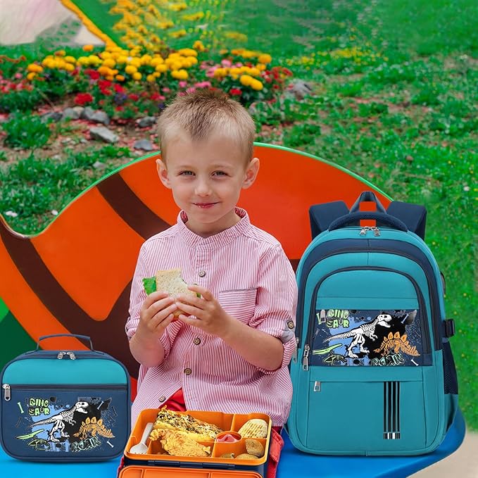 Luminous Boys Backpack - Dinosaur Bento Box with Insulated Lunch Bag Pencil Case & Utensils Set for Kids, 6 Leakproof Compartments Removable Tray Lunches or Snack Container (Green Dinosaur)