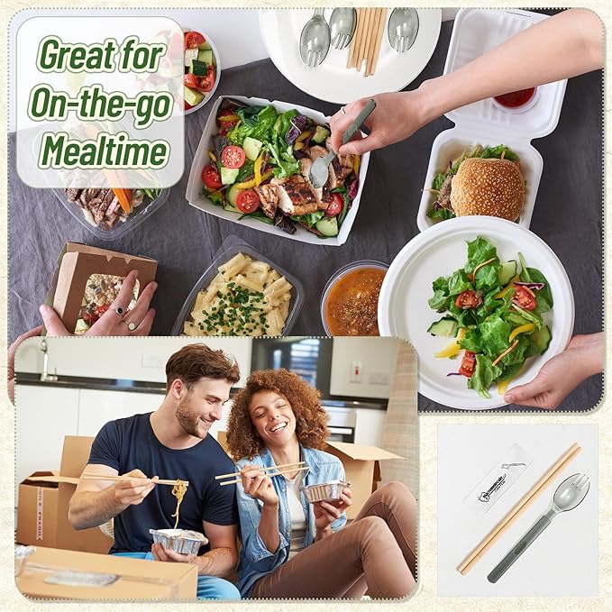 Tioncy 100 Packs Disposable Chopsticks Cutlery Set Bulk Cutlery Packets Include Sporks Napkins Floss Picks and Chopsticks Individually Wrapped Travel Cutlery Set for Party, Banquet, Wedding