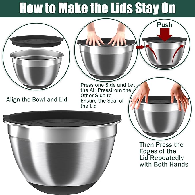 Mixing Bowls with Airtight Lids Set, 4 Stainless Steel Bowls Nesting Bowls & Colander, Kitchen Organizers and Storage Non-Slip Bottom, Size 1.5/2.0/2.5/4.0QT, Great for Mixing & Serving, Black