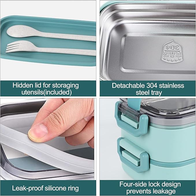 Stainless Steel Bento Box for Adults&Kids,Japanese Leakproof Lunch Box Divided Food Meal Storage Containers Set Stackable 2 Layer for Children School Picnic Matcha Green