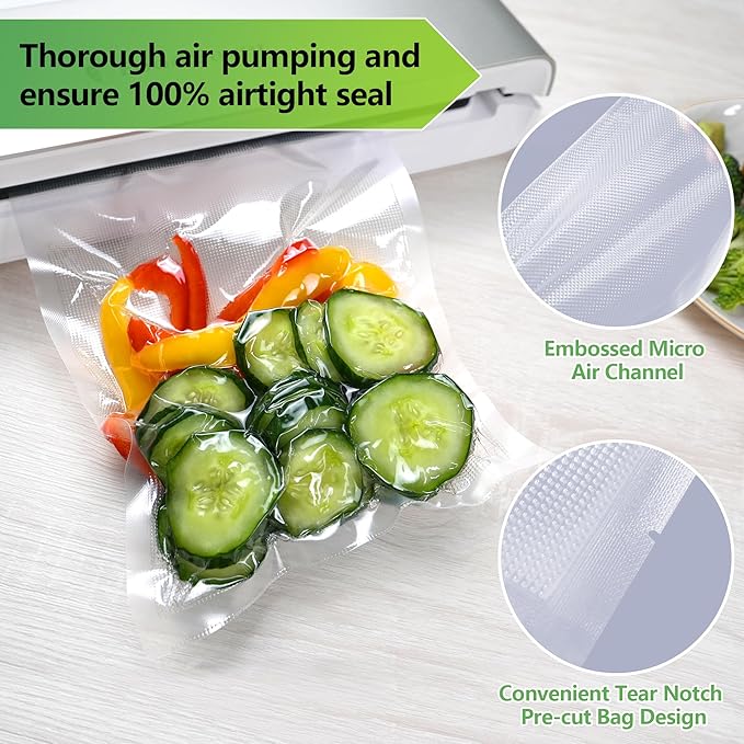 Vacuum Sealer Bags, 100 Count 8x12 Inch Food Vac Bags, PreCut Bag for Airtight Food Storage, Meal Prep or Sous Vide Cooking, Keep Food Fresh and Nutrients, BPA Free and Heavy Duty
