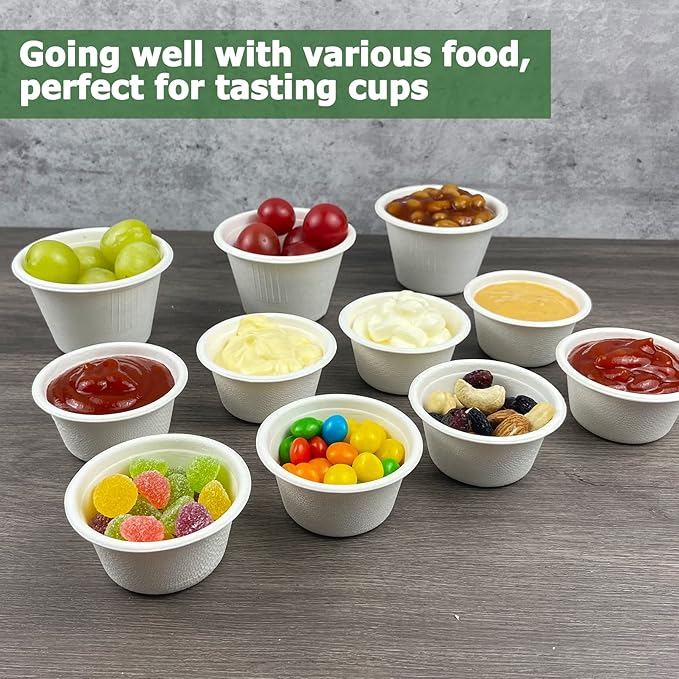 CAMKYDE 4 oz Disposable Bagasse Fiber Souffle Cups 100pk, 100% Natural Biodegradable Compostable Condiment Cups Sample Cup Tasting Cup (White, Pack of 100)
