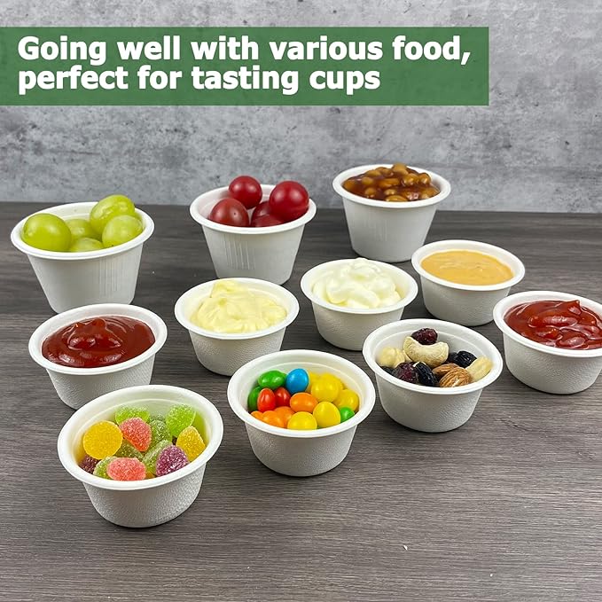 CAMKYDE 4 oz Disposable Bagasse Fiber Souffle Cups 200pk, 100% Natural Biodegradable Compostable Condiment Cups Sample Cup Tasting Cup (White, Pack of 200)