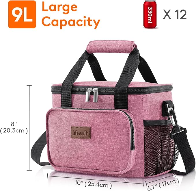 Lifewit Large Lunch Bag Insulated Lunch Box Soft Cooler Cooling Tote for Adult Men Women, Pink 12-Can (9L)