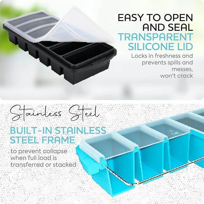 1/2 Cup Silicone Freezer Tray With Lid - Silicone Freezer Molds 2-Pack For meal prep & freezing of various sauces and other dishes, makes 12 perfect 1/2 cup portions cubes,oven and dishwasher safe