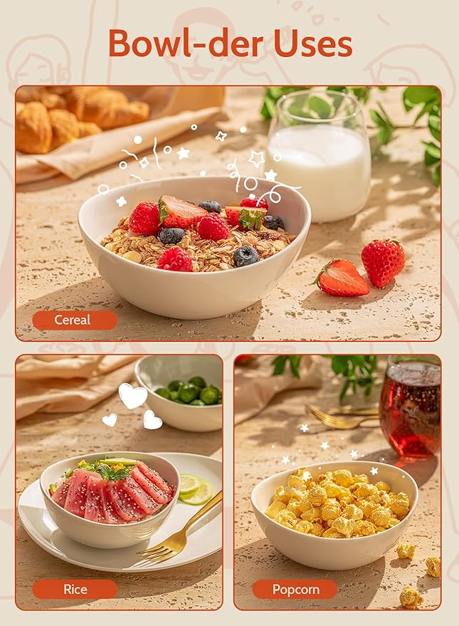 Sweese 6 Inch Porcelain 18 oz Bowls Set of 6, for Soup | Cereal | Fruits | Rice - Microwave, Dishwasher, and Oven Safe - White