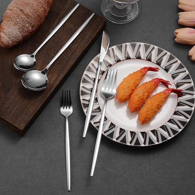 Mirror Modern Flatware Set for 4, LaienLife 20 Pieces Long Kitchen Utensils Cutlery with Coffee Spoons and Fruit Forks, Silverware Set Great for Home and Restaurant, Dishwasher Safe - Silver