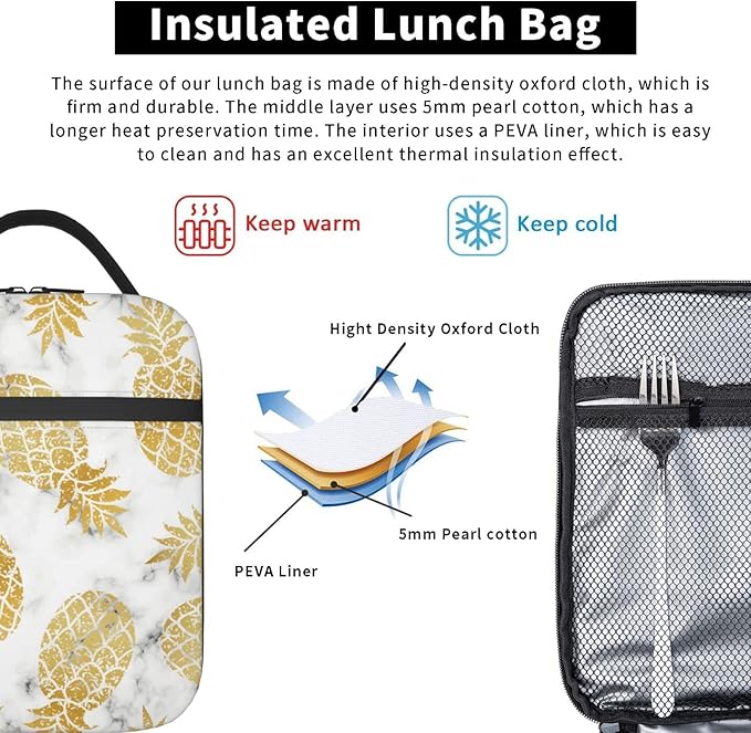 YETTA YANG Marble Gold Pineapple Portable Lunch Bag Insulated Lunch Box Reusable Totes For Women Men Work Picnic Camping