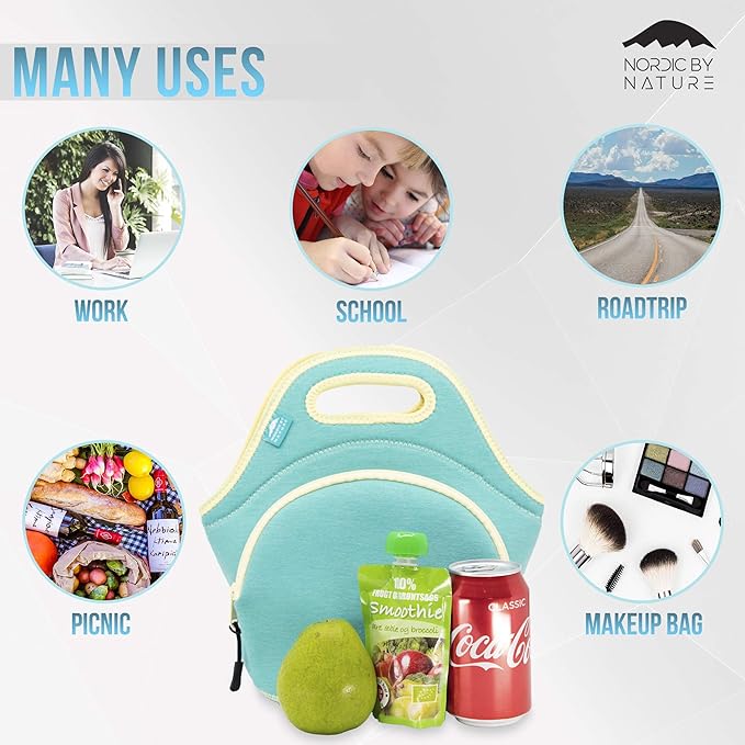 Nordic By Nature Neoprene Lunch Bag for Women & Lunch tote for Kids Insulated Lunch bag Reusable Washable Extra Thick Neoprene & Soft Cotton Feel, Premium Stitching, Outside Pocket, (M) Lagoon