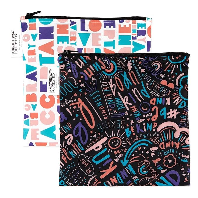 Bumkins Reusable Sandwich and Snack Bags, for Kids School Lunch and for Adults Portion, Washable Fabric, Waterproof Cloth Zip Bag, Travel Pouch, Food-Safe Storage, Large 2-pk Born This Way Kindness