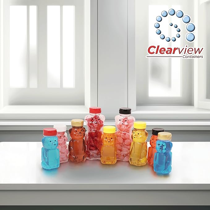 6 Pack of 12 Ounce Translucent Honey Bears with Sealable Yellow Flip Top Lids (12 oz. Translucent Bear, 6pk, Yellow)