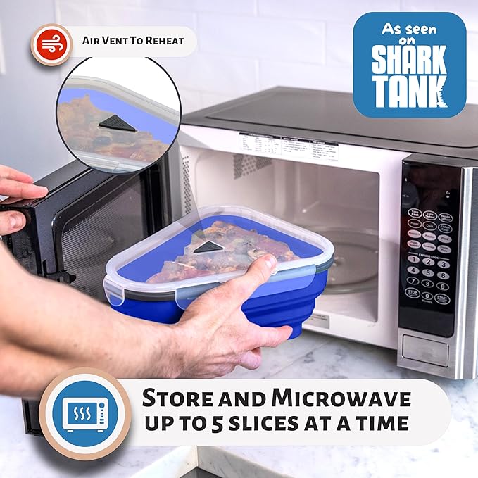 The Perfect Pizza Pack™ - Reusable Pizza Storage Container with 5 Microwavable Serving Trays - BPA-Free Adjustable Pizza Slice Container to Organize & Save Space, Blue