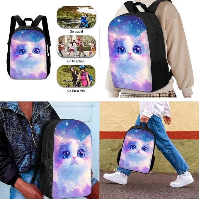 Dolyues Galaxy Cat Backpack Set for School 17-Inch School Backpack, Insulated Lunch Bag & Pencil Case - Adorable 3-Piece Combo for Elementary Students
